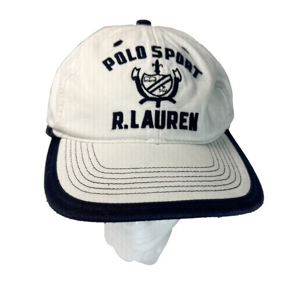 Vintage Polo Sport R.Lauren Crest Logo Hat USA Made Strapback Cap Navy White - Picture 1 of 7